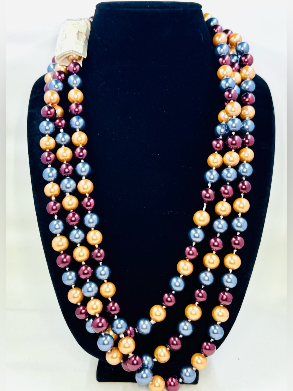 Vintage LONG 90ā Glass Pearl Necklace in Gold, Blue & Burgundy 12.5mm Beads NWT